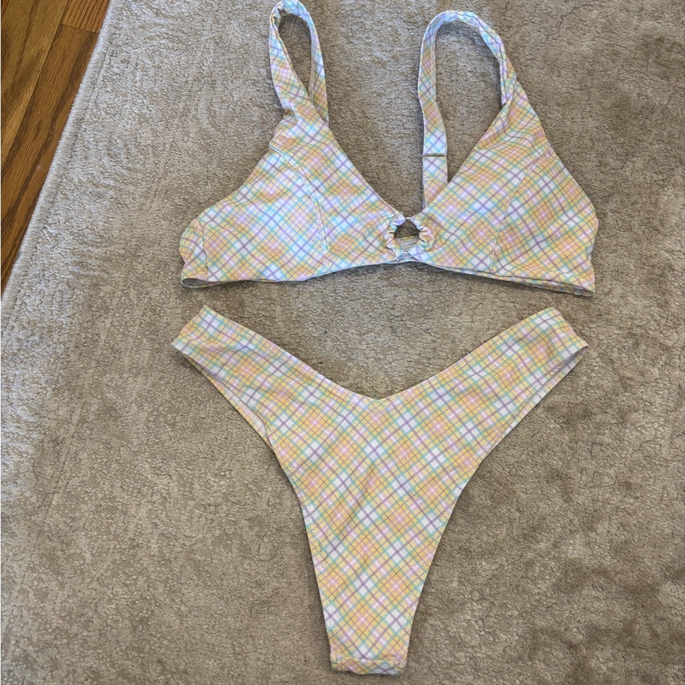 SHEIN yellow plaid bikini with adjustable straps size medium